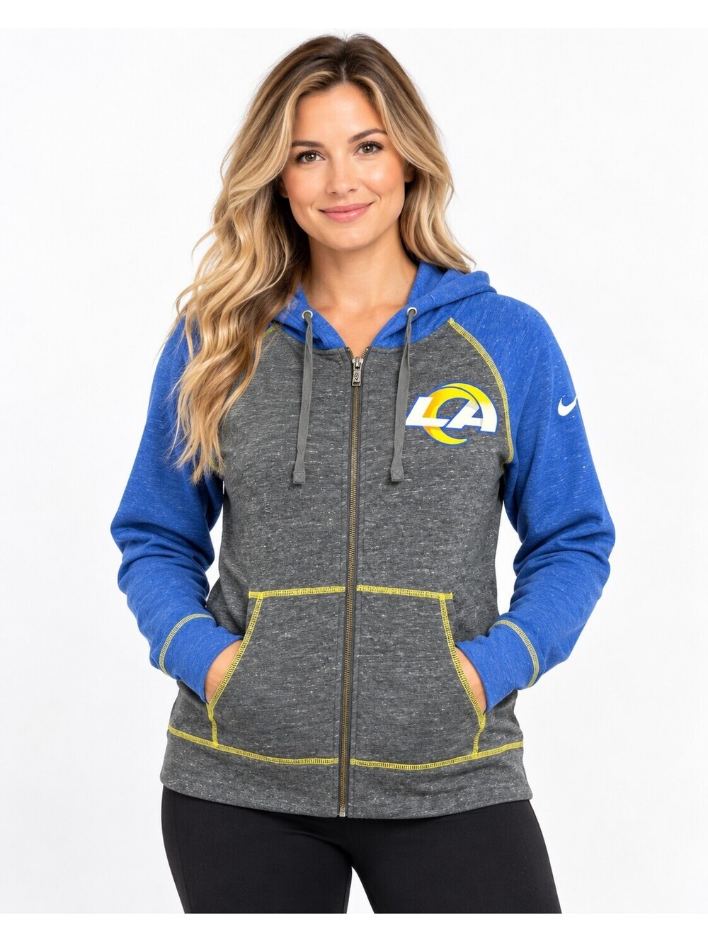 Nike NFL LA Rams Womens L Raglan Full Zip Hoodie Grey Blue Contrast Stitch